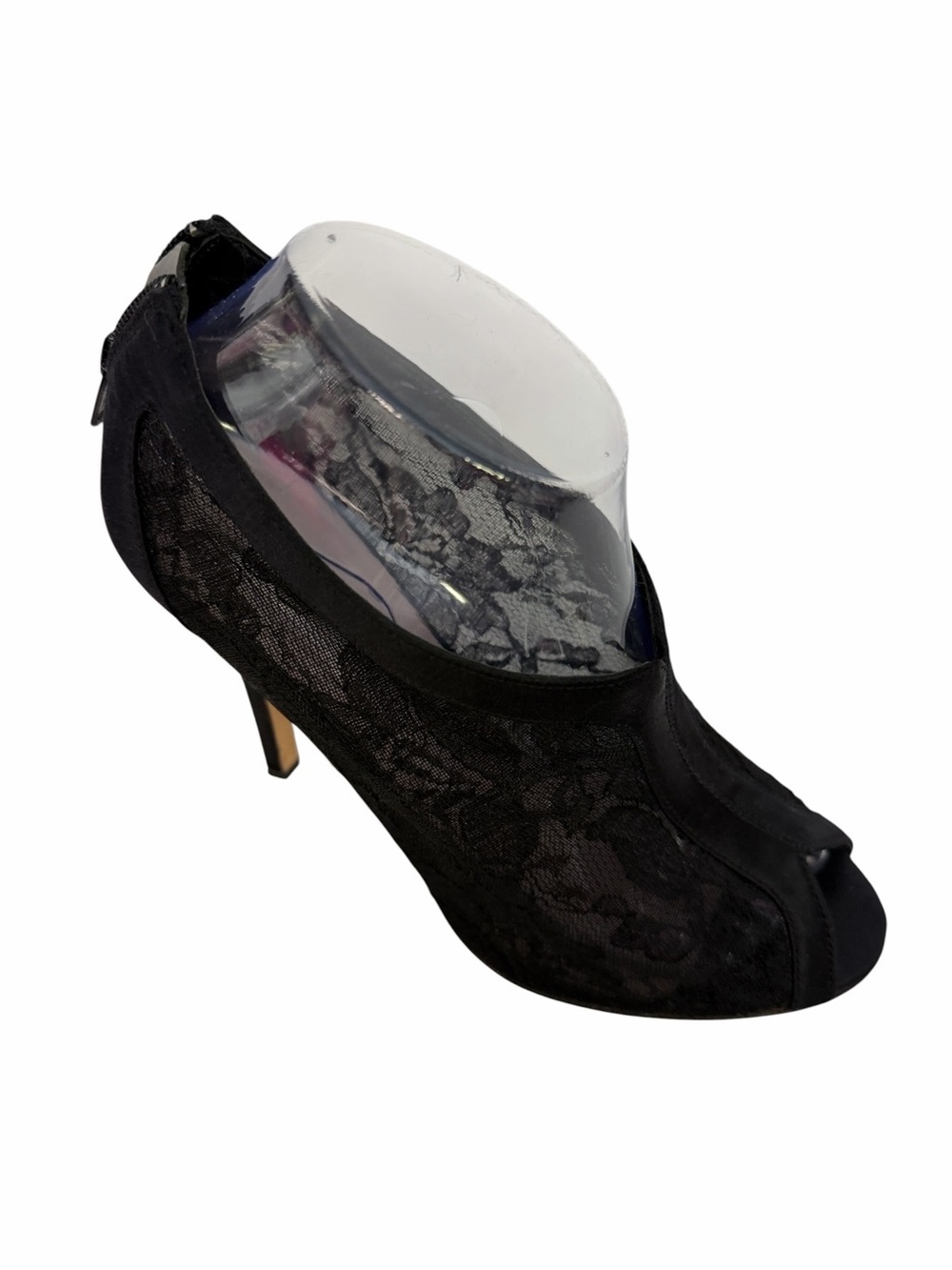 Glint Black Satin Lace Peep-Toe High Heel Bootie